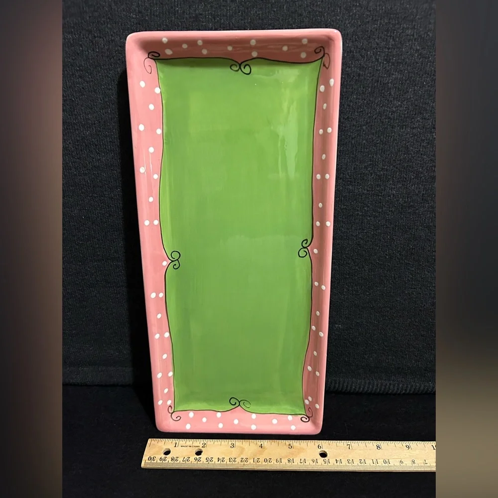 MSC Mainstreet Collection Hand Painted Rectangular Tray Green & Pink